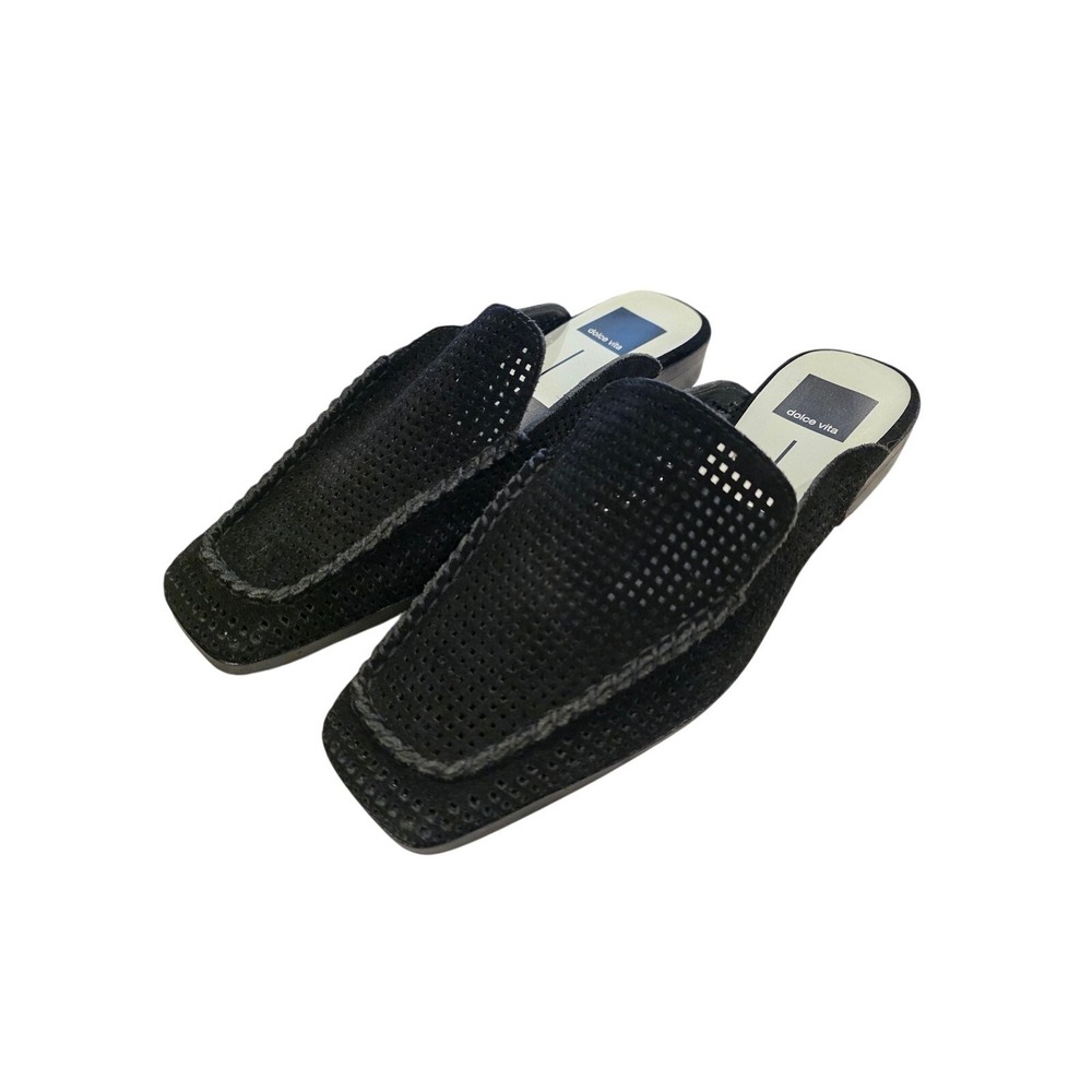 Dolce Vita Black Suede Perforated Mule Loafers Square Toe Slip On Flats Womens - Picture 3 of 12